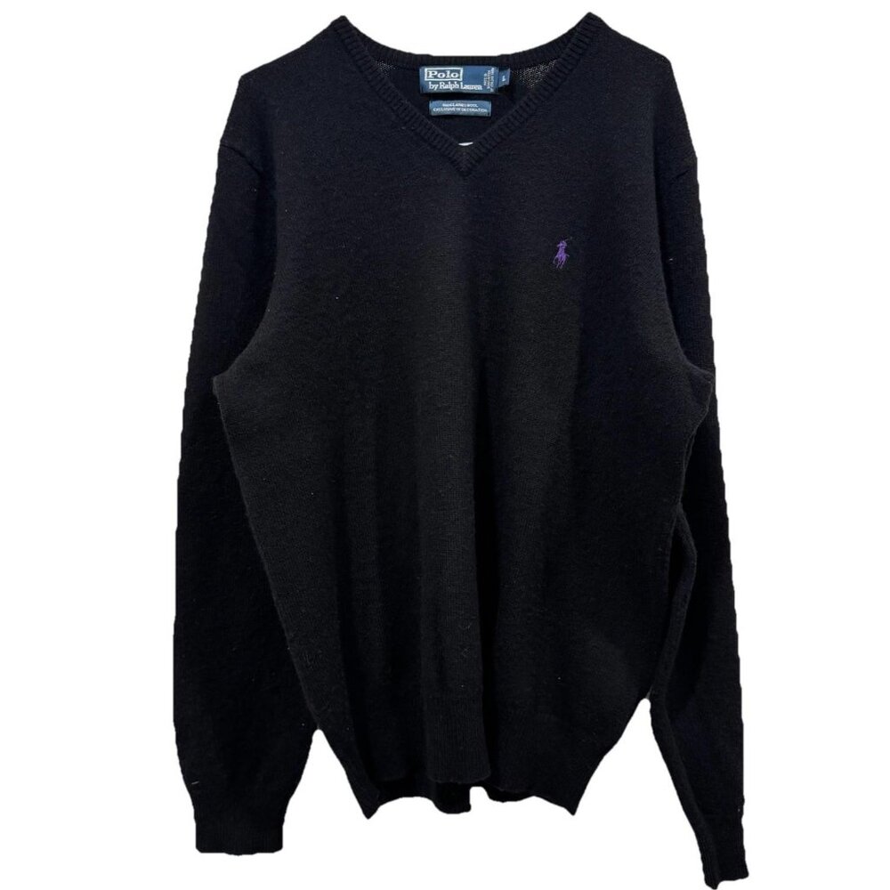 POLO Ralph Lauren Men's Black Sweater Size Large V-Neck 100% Lambs Wool